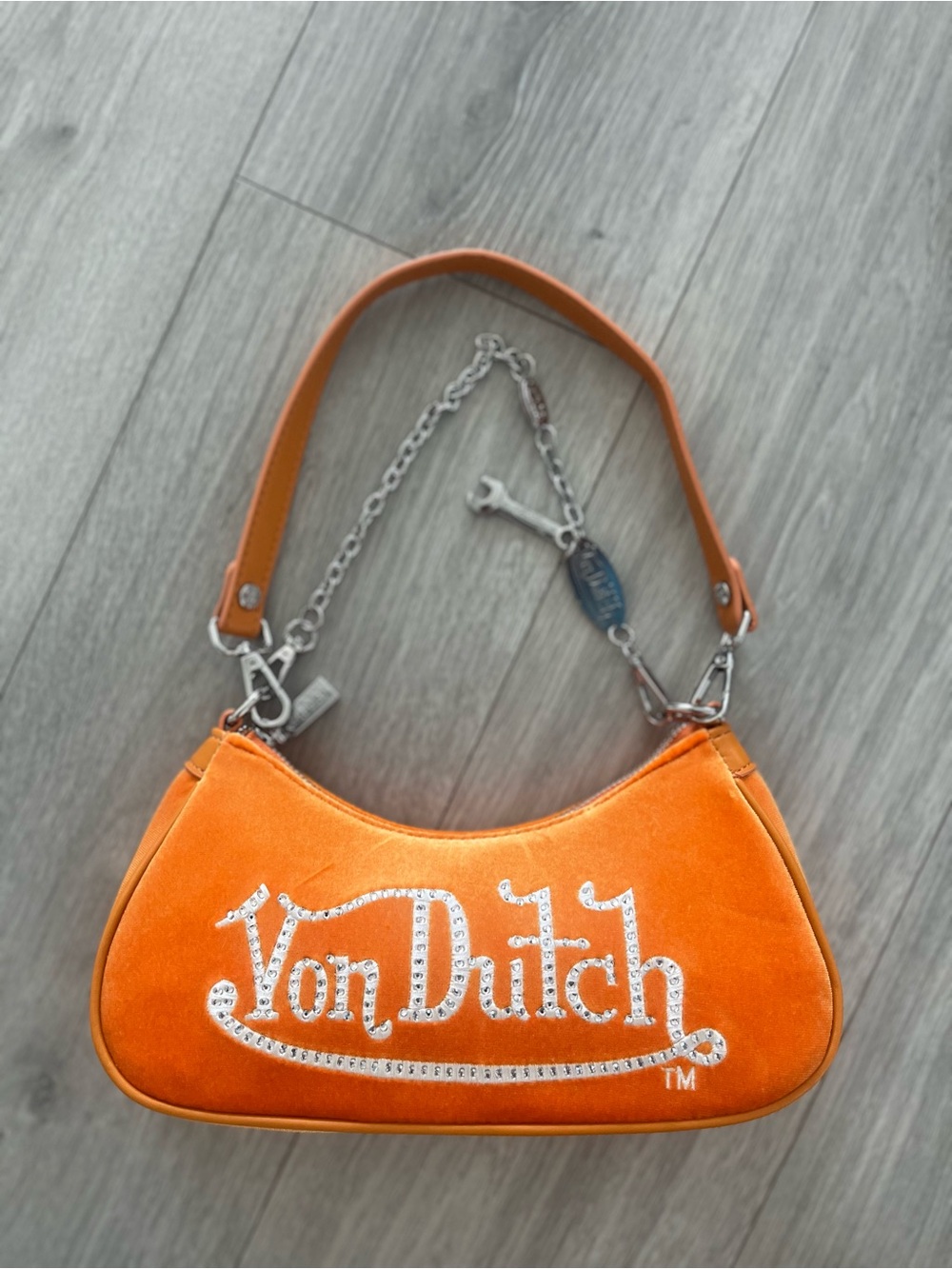Von Dutch Orange Velvet Shoulder Bag with Crystal Logo Script